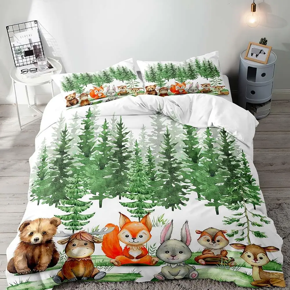 

Woodland Animal Duvet Cover, Full Size, Baby Girls Boys Kids Bedding,Cartoon Forest Animals Comforter Quilt Cover, 2 Pillow Sham