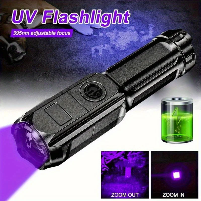 395nm Black Light UV Flashlight Rechargeable Ultraviolet Torch 3 Modes Zoomable USB Flashlights for Pet Stacks Fluorescent