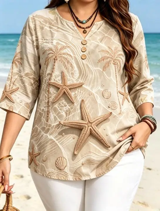 3D Starfish Seashell Ocean Water Ripple Print Blouses Notch Split V Neck 3 Buttons 3/4 Sleeve Women Coastal Vacation Tops