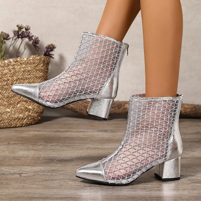 Women's Mesh Ankle Boots Fishnet Hollow Out Pointed Toe Block Heel Booties Back Zipper Breathable Summer Silver Shoes