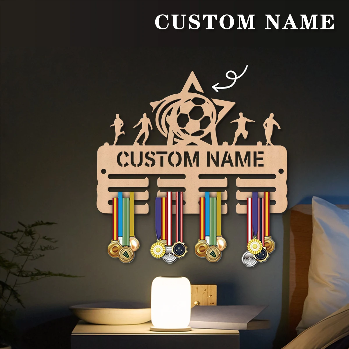 1pc Custom Wooden Supernova football Medal Hanger, Personalized Medal Display Rack for Athletes,Ideal Gift for Family Friends