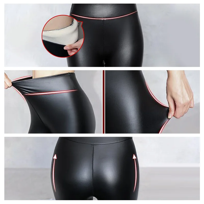 Winter Warm PU Leather Leggings Women Leather Pantalones High Waist Thermal Tights Stretchy Pants Winter Fleece Lined Trousers