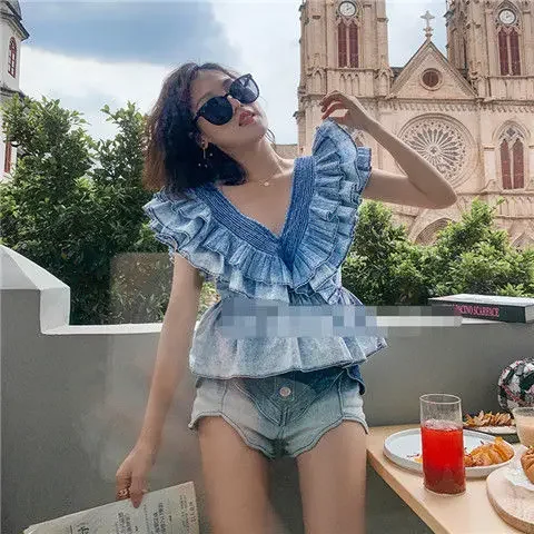 Women V-neck Ruffled Denim Sleeveless Shirts High Waist Summer Lotus Multi-Layers Pleated Blouse Folds Crop Tops Blusas Mujer