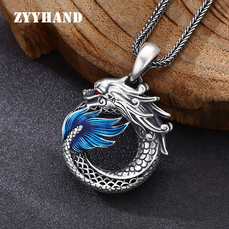 

S925 Sterling Silver Dragon Pendant Cloisonne Thailand Style Diffuser Round Shape Unisex Fine Jewelry