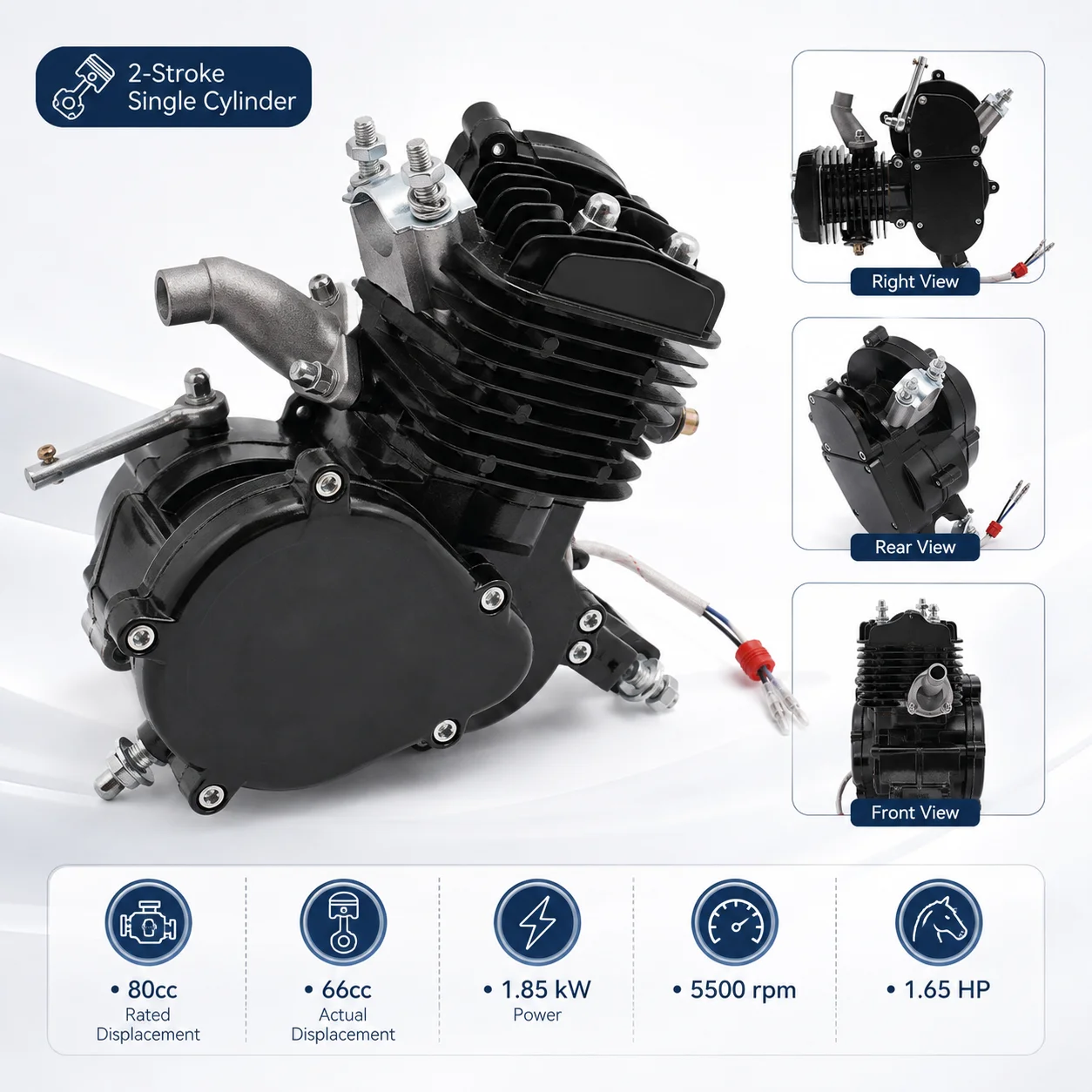 Moteur de vélo 80cc 2 temps 1,85 kW/5500 tr/min, moteur de vélo avec allumage CDI, monocylindre 1,65 CV, trous de dissipation thermique, faible consommation de carburant 0,53 gal/62 milles, démarrage à pédale, finition noire, pour vélo de montagne, cruiser, vélo de route à cadre en V de 26-28 pouces