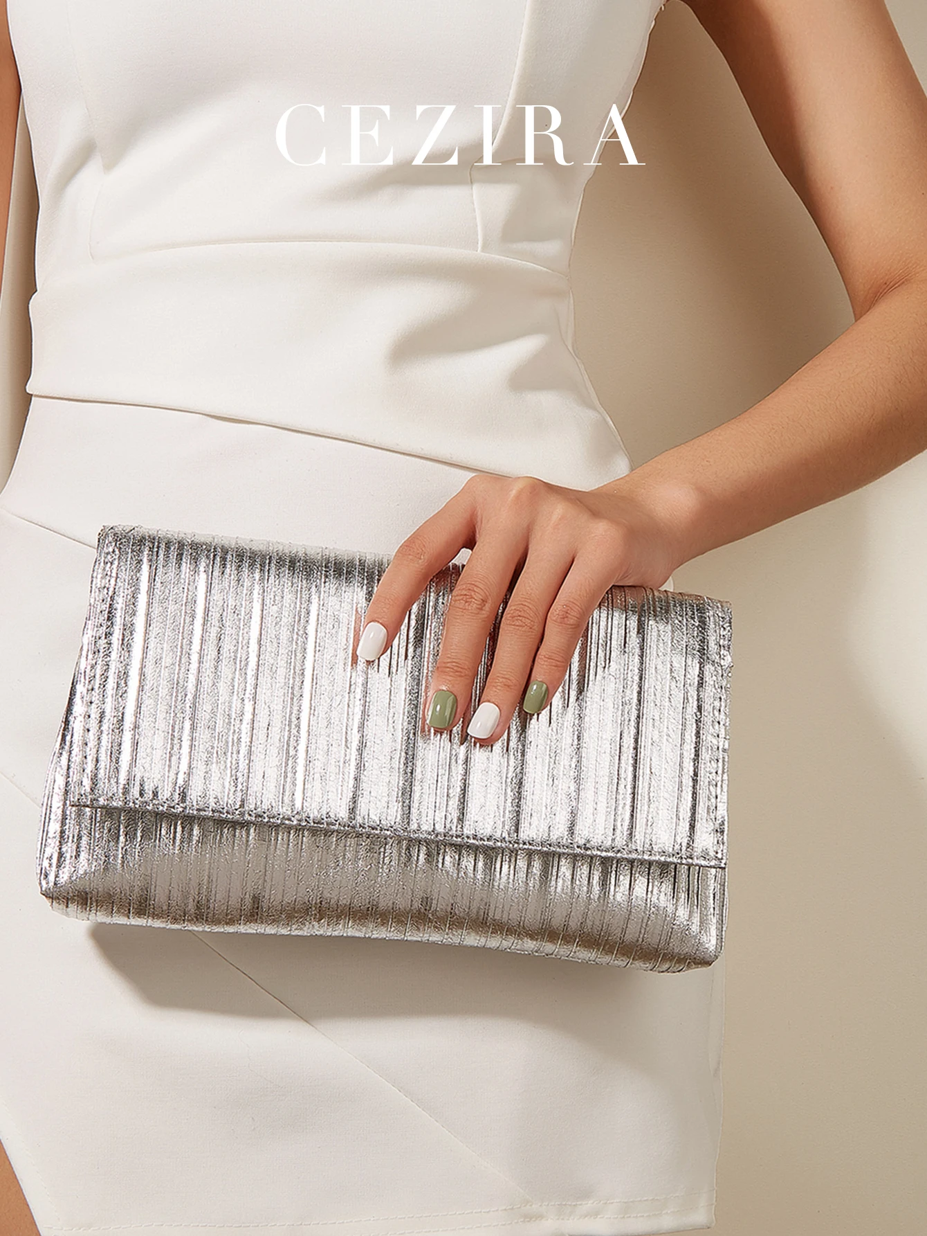 

CEZIRA Shiny Silver PU Vegan Leather Evening Bag Women Square Flap Envelope Clutch Purse Long Chain Cross body Shoulder Handbags