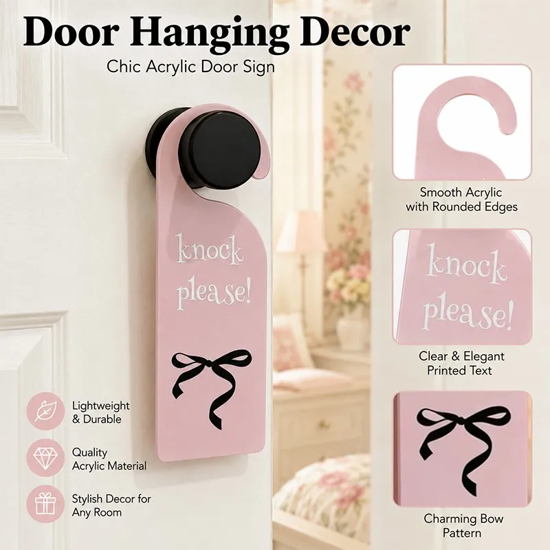 1PC Pink Bow Door Hanger Sign Knock PleaseAcrylic Dorms Bedroom Door Knob Tag Durable Indoor Outdoor Door Decoration