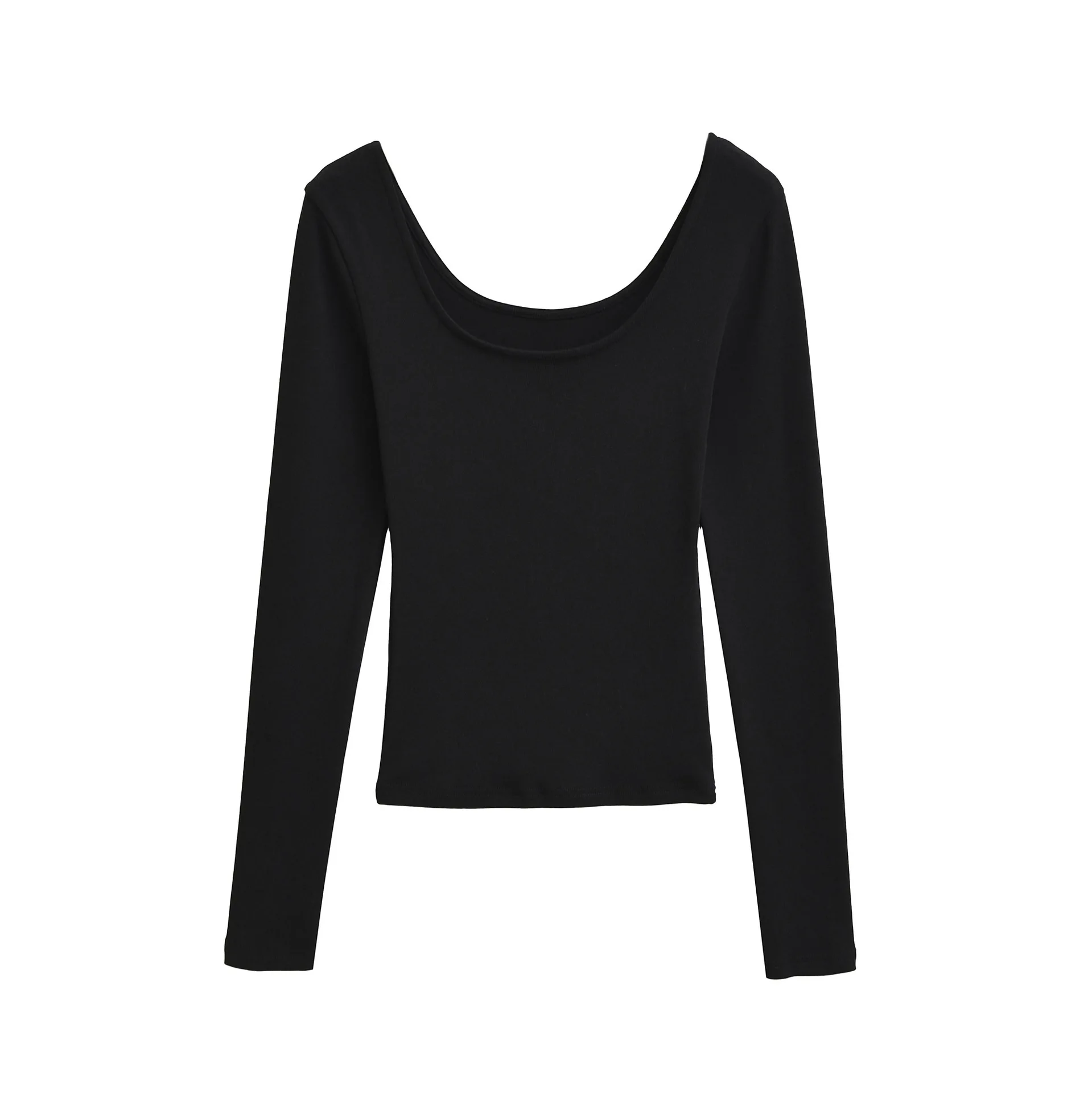 Spicy Girl col en U profond cachemire à manches longues femmes automne nouveau coupe ajustée couleur unie épaule régulière Base petit haut T-Shirt J8BX