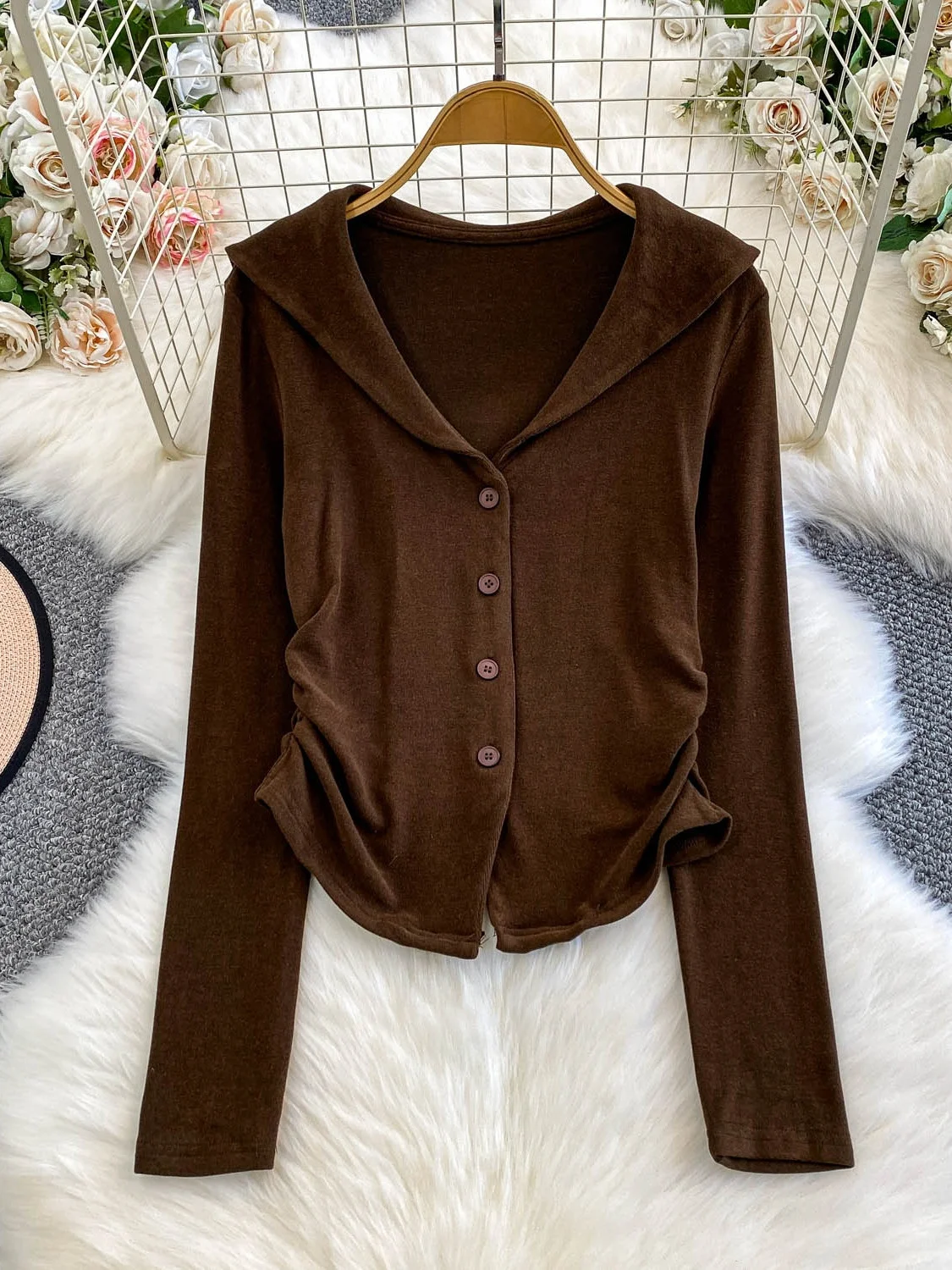 

Длинная вязаная куртка для похудения, корейская темно-синяя одежда с воротником-кардиной талией, женская модная верхняя одежда ранней осени