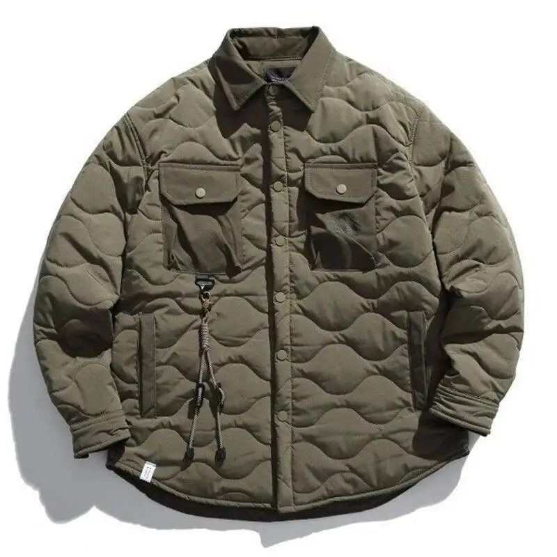 سترات مبطنة منقوشة على شكل قرع للرجال مع جيوب متعددة Harajuku Retro High Street مريحة وفضفاضة ومتعددة الاستخدامات معاطف قطنية دافئة