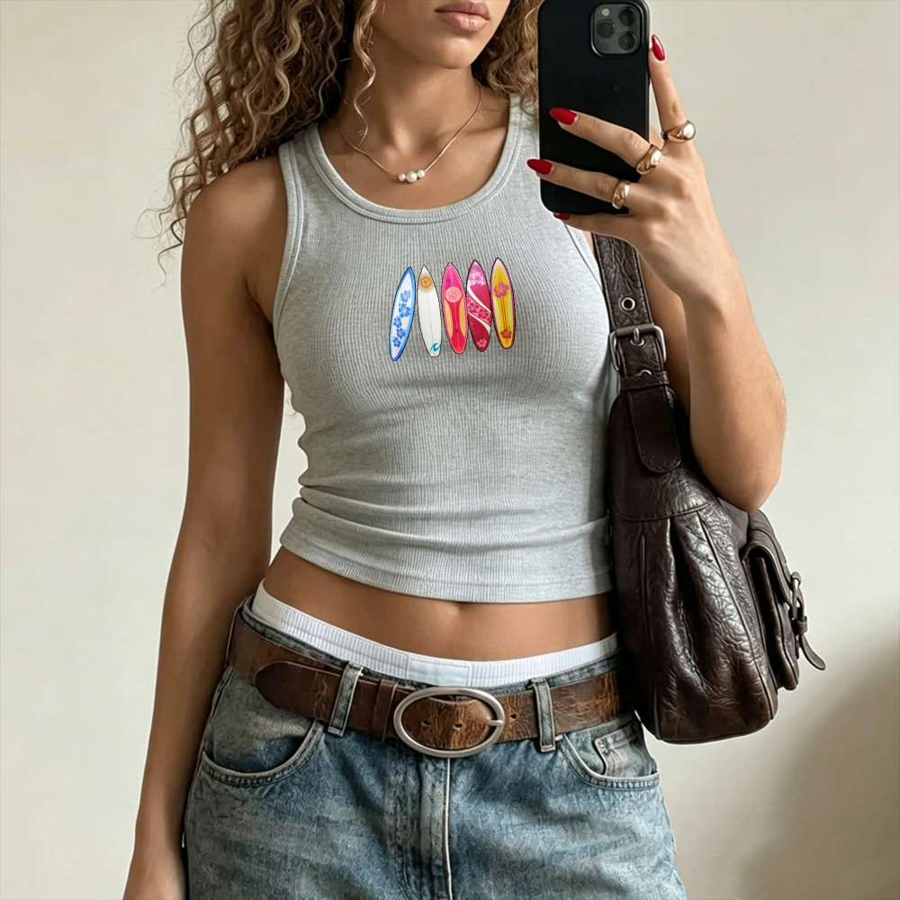 Multicolor Surfboards Beach Theme Y2K Camisole Ribbed Tank Tops Slim Crop Top Sleeveless High Neck Cropped Cami Vest Surfing