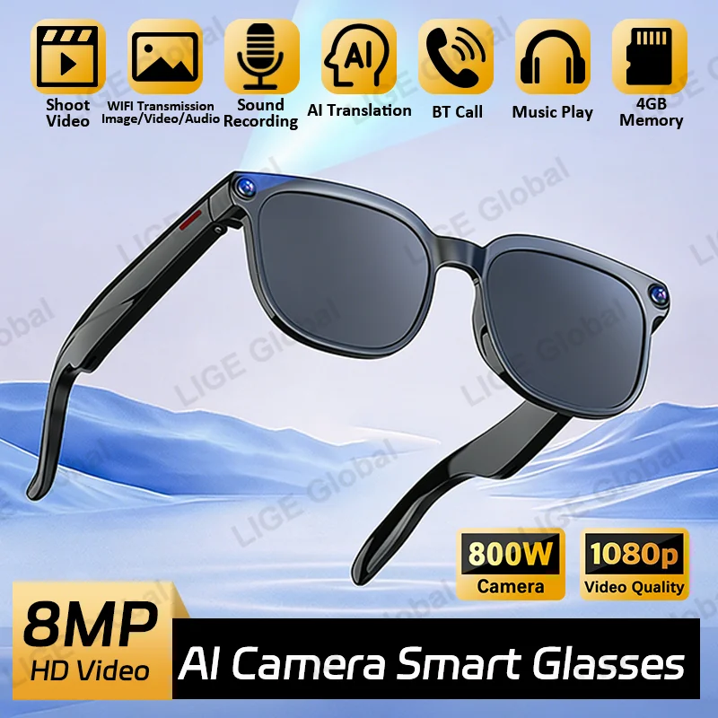 

LIGE AI умные очки с 8-мегапиксельной камерой 1080P HD видеозапись перевод солнцезащитные очки Bluetooth вызов воспроизведение музыки для мужчин и женщин 2026