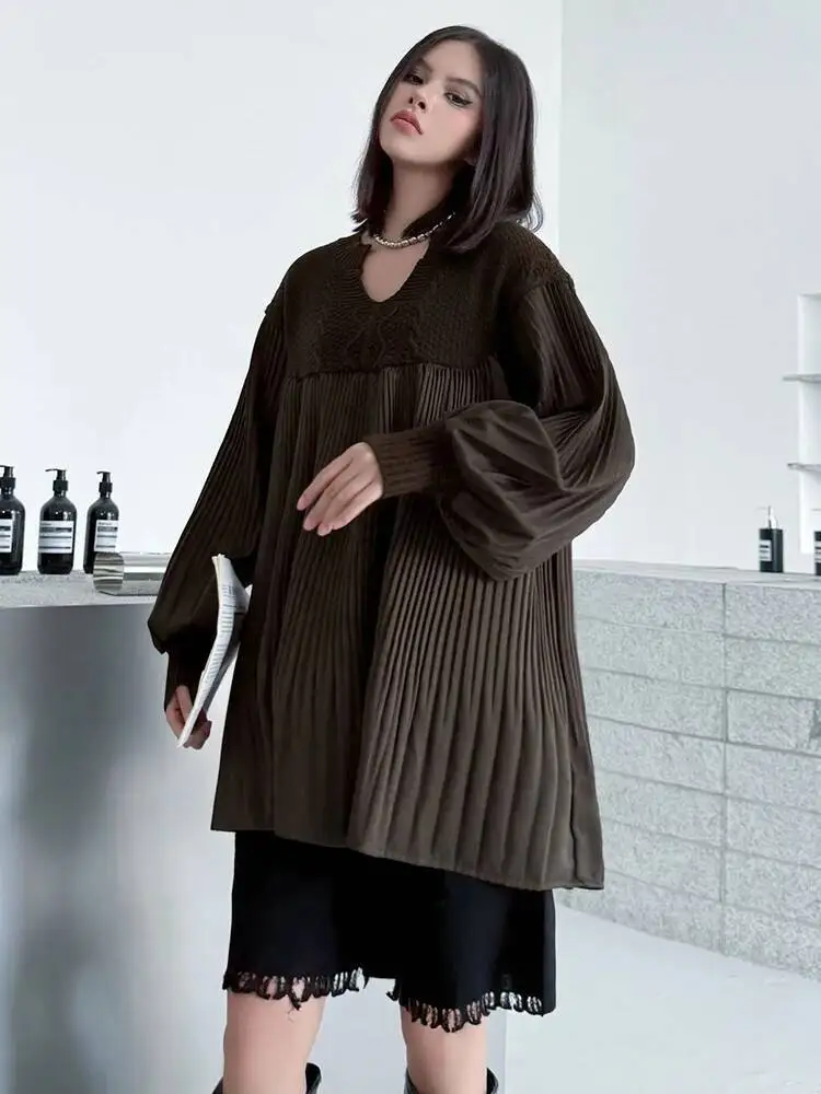 

Coffee Pleated Big Size Long Knitting Sweater V-Neck Long Sleeve Women Pullovers New Fashion Spring Autumn