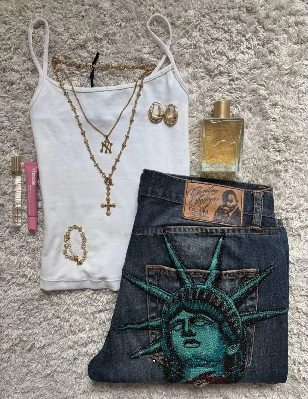 Vintage Liberty Shiny Rhinestone Jeans Casual Denim Pants Low Waist Straight Wide Leg Jeans Harajuku Y2k 2000s Women Clothing