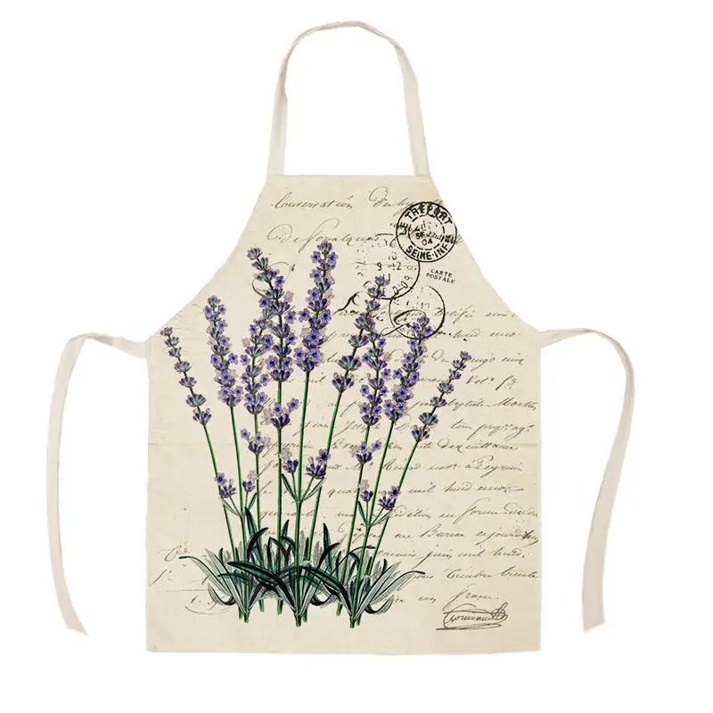 New Lavender Pattern Linen Kitchen Apron Home Cooking Baking Cleaning Supplies Adult Restaurant Kitchen Antifouling Apron