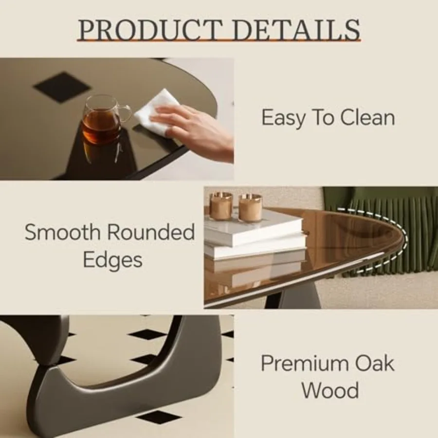 Stolik kawowy do salonu w stylu mid-century modern z szklanym blatem i drewnem dębowym, brązowo-czarny.