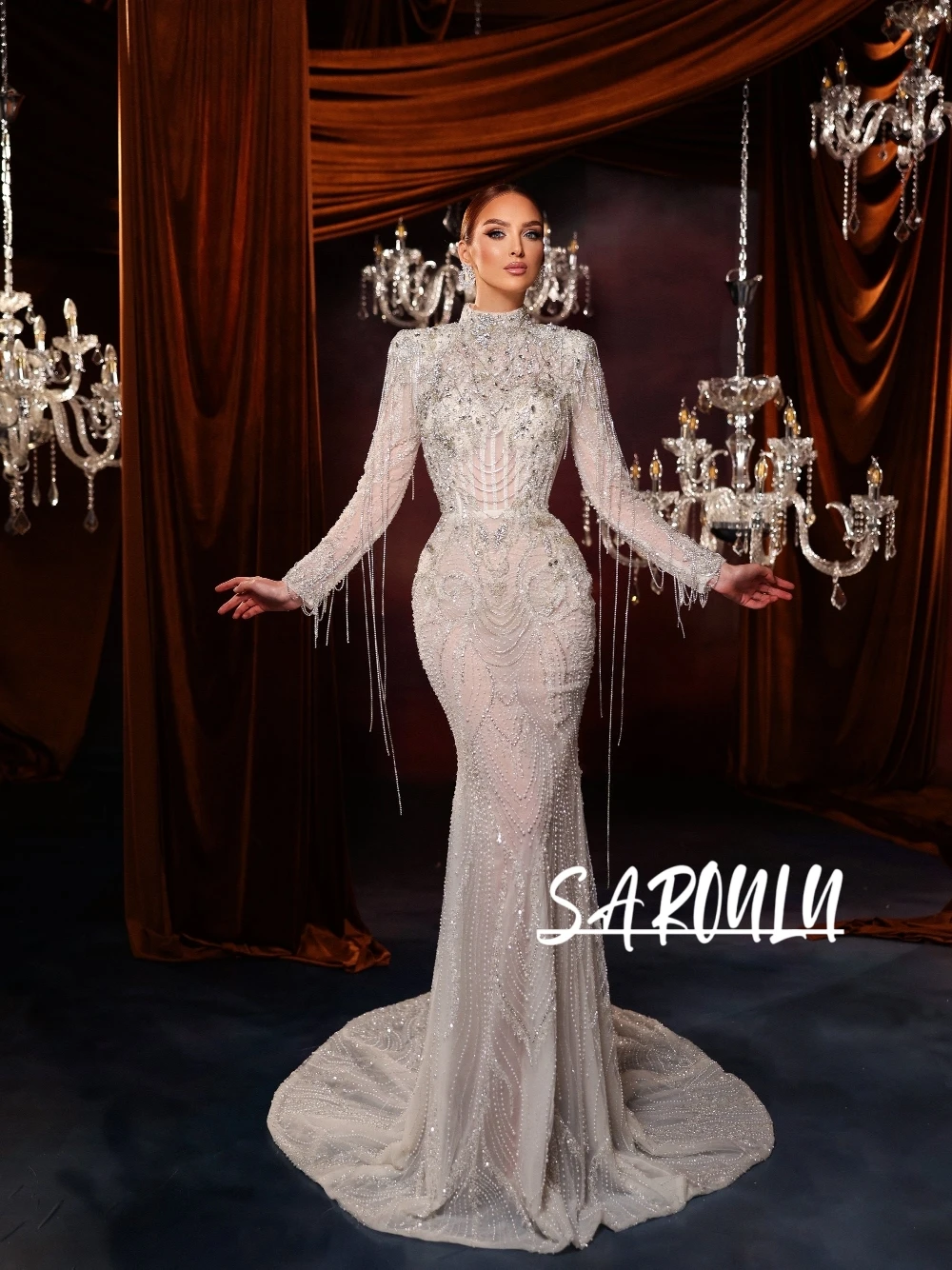 

Exquisite Tassel Dazzling Mermaid Wedding Dress Modern Beautiful Rhinestones Beads Long Sleeves Customized Bridal Gown