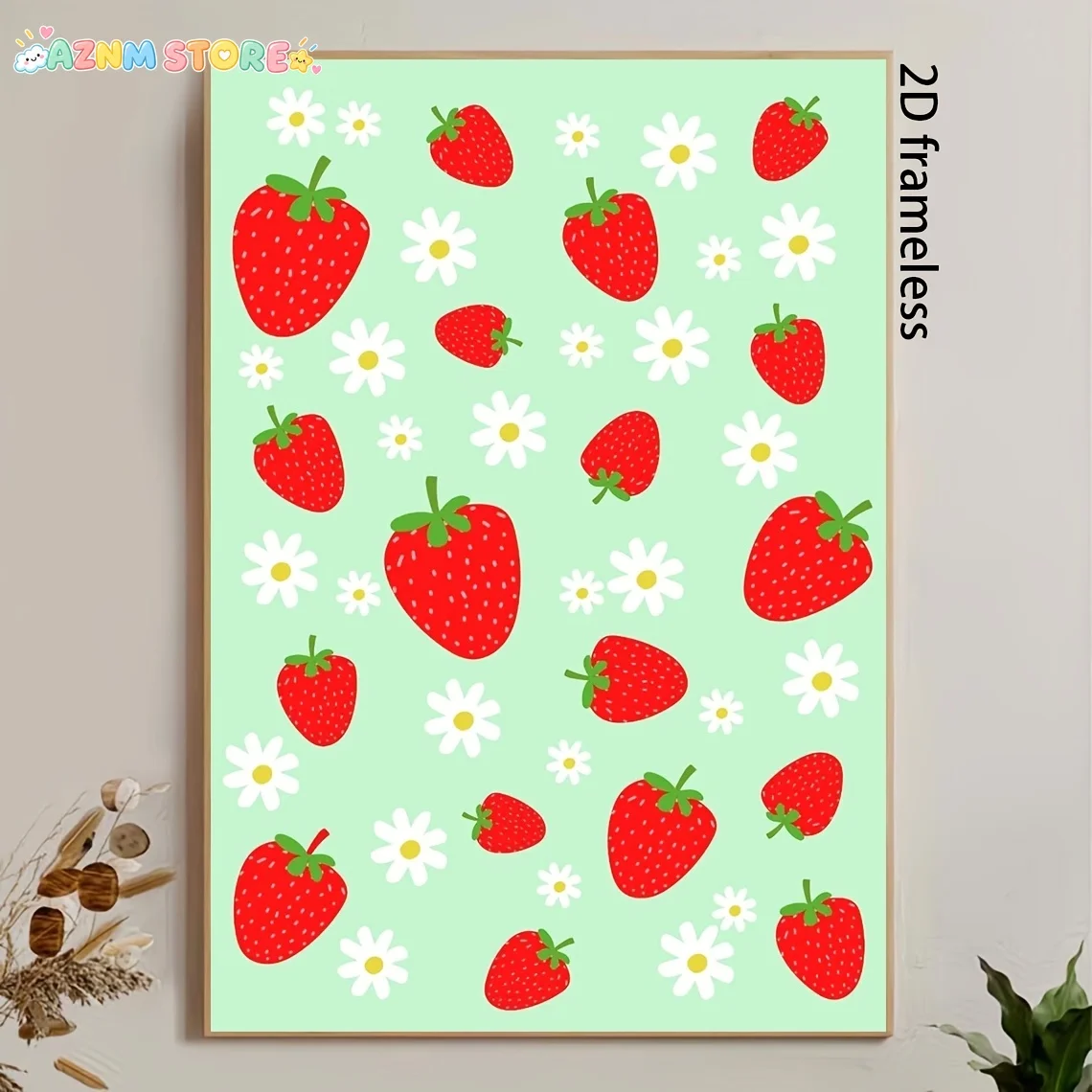 2027,1pc, No Frame, Multi-Size, Frameless, Strawberry Art Print, Strawberry Wall Decor, Rustic Style, Mint Green Daisy Floral