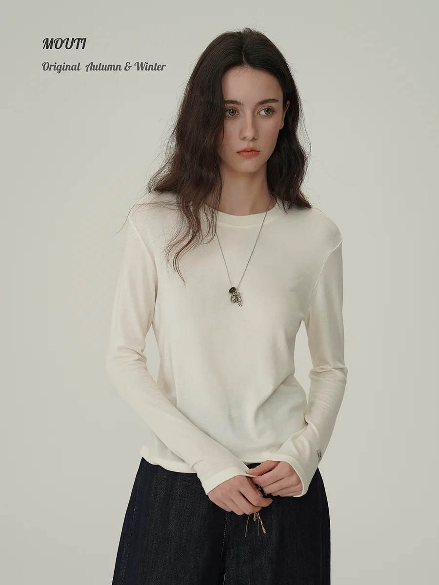 

Женская базовая футболка Mouti из высококачественного шелка и шерсти, длинная, круглая горловина, для повседневной носки, летняя, однотонная