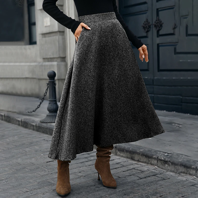 BKLD Autumn Winter Retro High Waisted Pleated Skirt Women's Casual Pocket Woolen Maxi Skirt Temperament Street Commuter Clothing