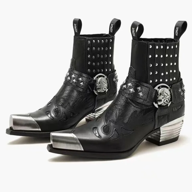 Fashion Leather Motorcycle Boot Design New Women's Black Skeleton Devil Goth Men's Punk Metal Western Combat Boot Plus45