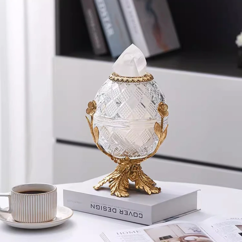 Retro French egg-shaped crystal glass brass pumping carton light luxury living room dining room European round tissue box