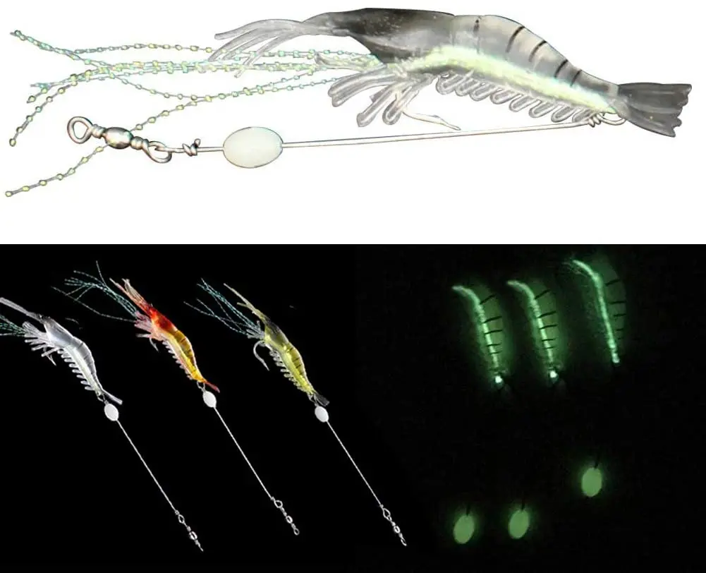 Soft Fishing Luminous Shrimp Lure with Hook Swivel Beads Artificial Silicone Glow Fishing Bait Rig Fishing Tackle