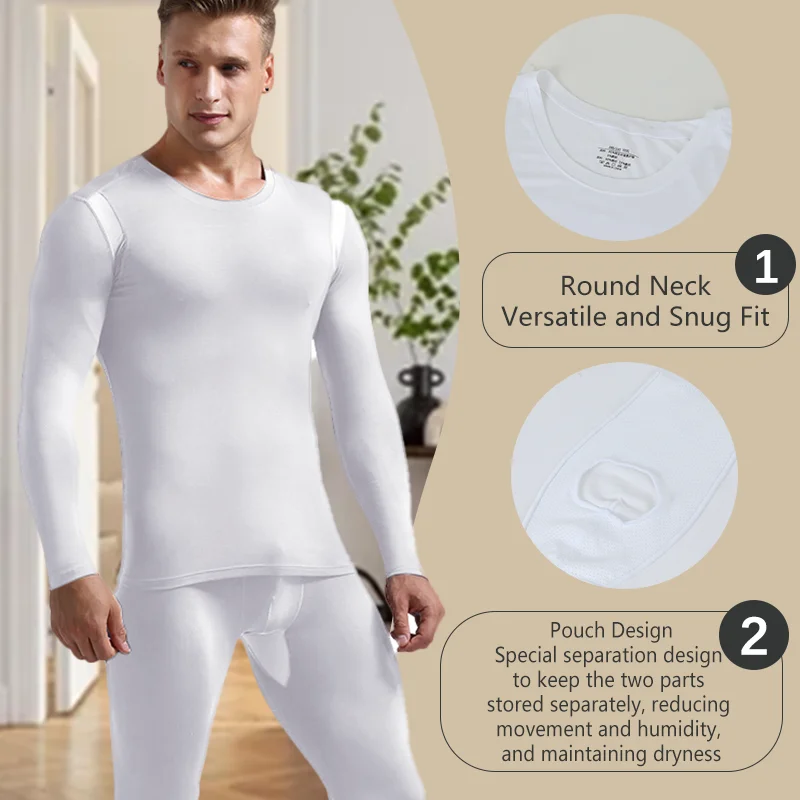 Winter Men Thermal Underwear Set Breathable Modal Fabric Mesh Design Long Johns Round Neck Soft Pajamas Keep Warm Top & Bottom