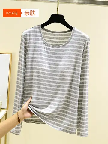 여성 루즈핏 모달 긴팔 티셔츠 – 가을용 얇은 베이스 레이어 스트라이프 탑, 편안한 홈웨어 및 큰 사이즈 옵션