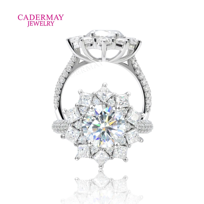 

Cadermay Luxury Pass Алмазный тестер, серебро 925, форма цветка, 8,5 мм, основной камень VVS, муассанит, обручальное кольцо с ореолом для женщин
