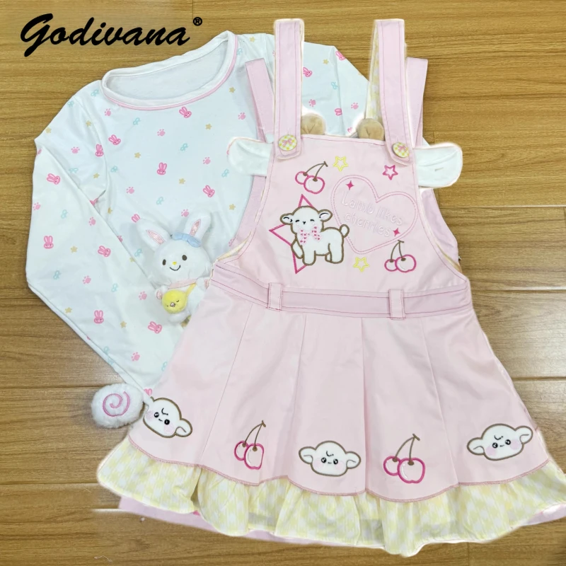 Original nouvel été fille filles Kawaii poupée col rose à manches courtes T-shirt doux sangle jupe femmes robe à bretelles ensemble