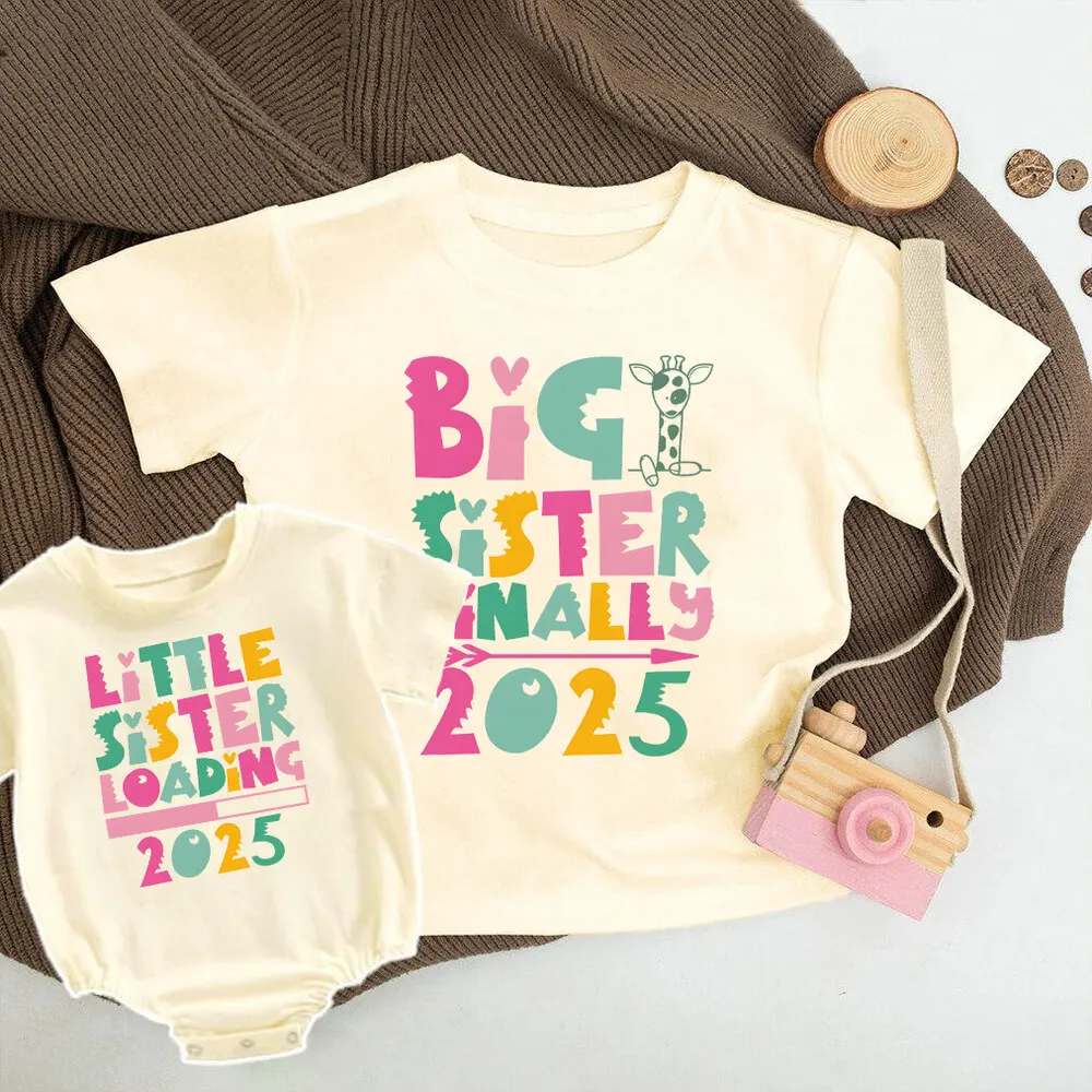 Big/Little Sister 2025 Print Kids Family Matching Outfit Kid Tshirt+Baby Romper Casual Retro Sister Outfits Summer Child Clothes