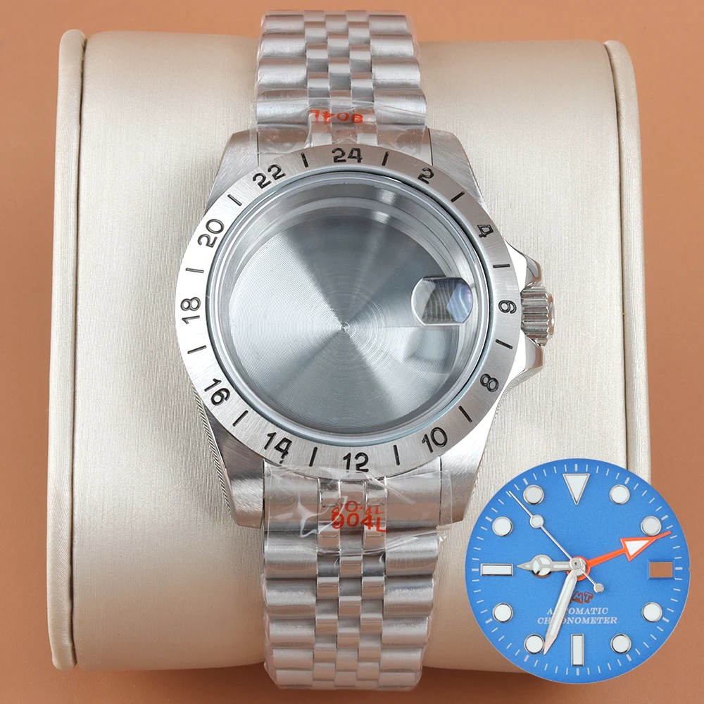 

39mm Case 28.5mm GMT Dial Hands Green Luminous Sapphire glass Watch Case For EXP GMT NH34 NH35 NH36 Movement Jubilee Bracelet