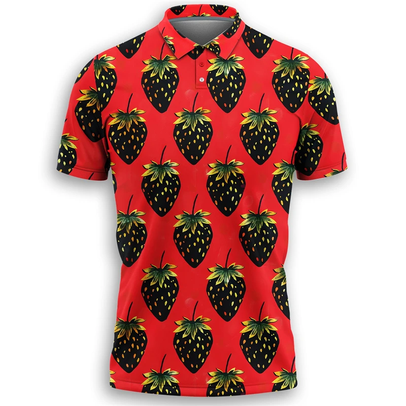 الكرتون الفراولة قميص بولو الرجال Kawaii الشارع قصيرة الأكمام تيز ثلاثية الأبعاد المطبوعة الفواكه زر التلبيب تي شيرت بلايز عادية الفاكهة المحملة #2