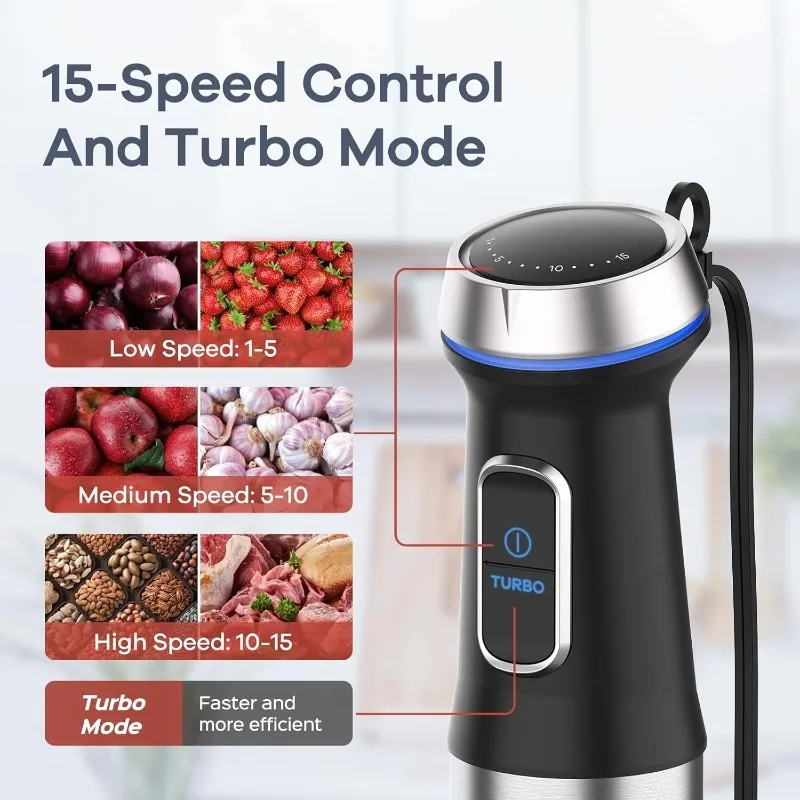 

Immersion Blender 8 in 1 Hand Blender Max 1000W Heavy Duty Motor, 16 Speed Mode