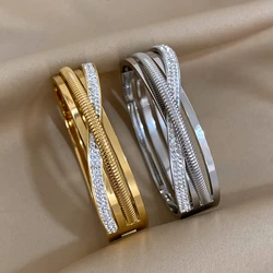 ALLYES New Winding Rhinestone Elastic Chain Gold Silver Color Stainless Steel Bangles Bracelets for Women Fashion Accessories