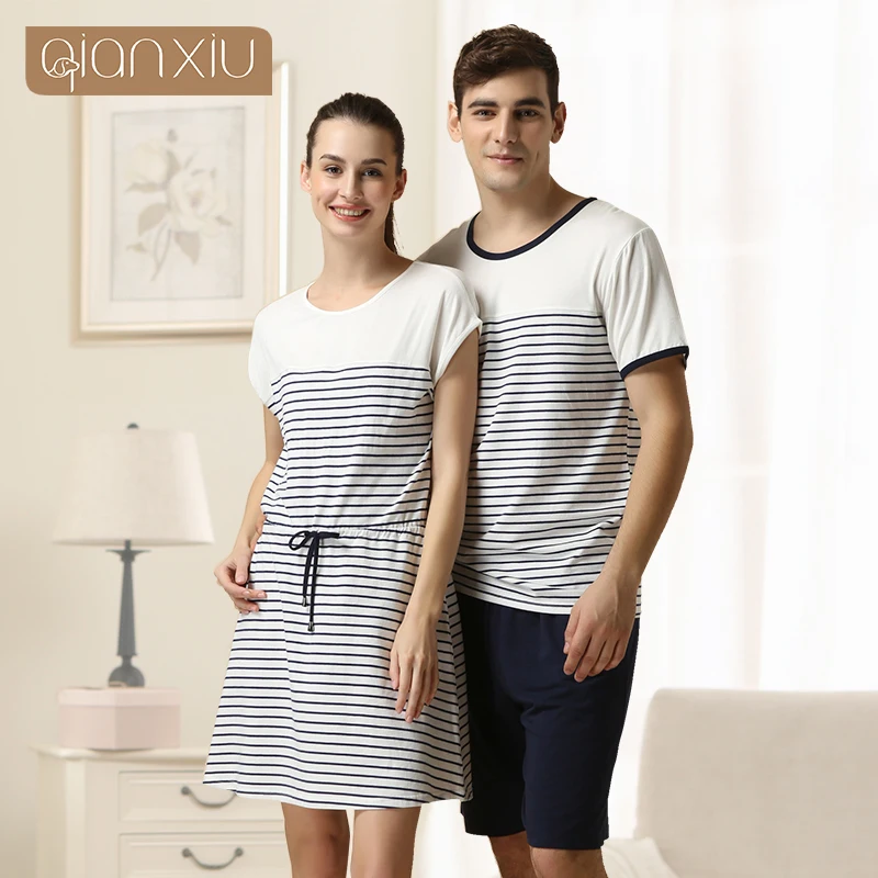 

Women's Pajamas Striped Home Clothes Patchwork Sleepshirts Cotton Short Sleeve Round Collar Sleepwear Nightgown Casual Dress