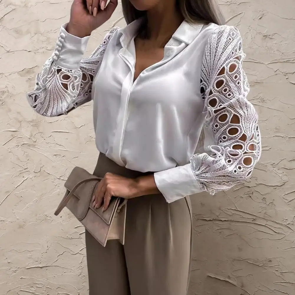 Blusa de retazos de encaje sofisticada para mujer, camisa de empalme de encaje elegante, Camisa larga con cuello de solapa para A