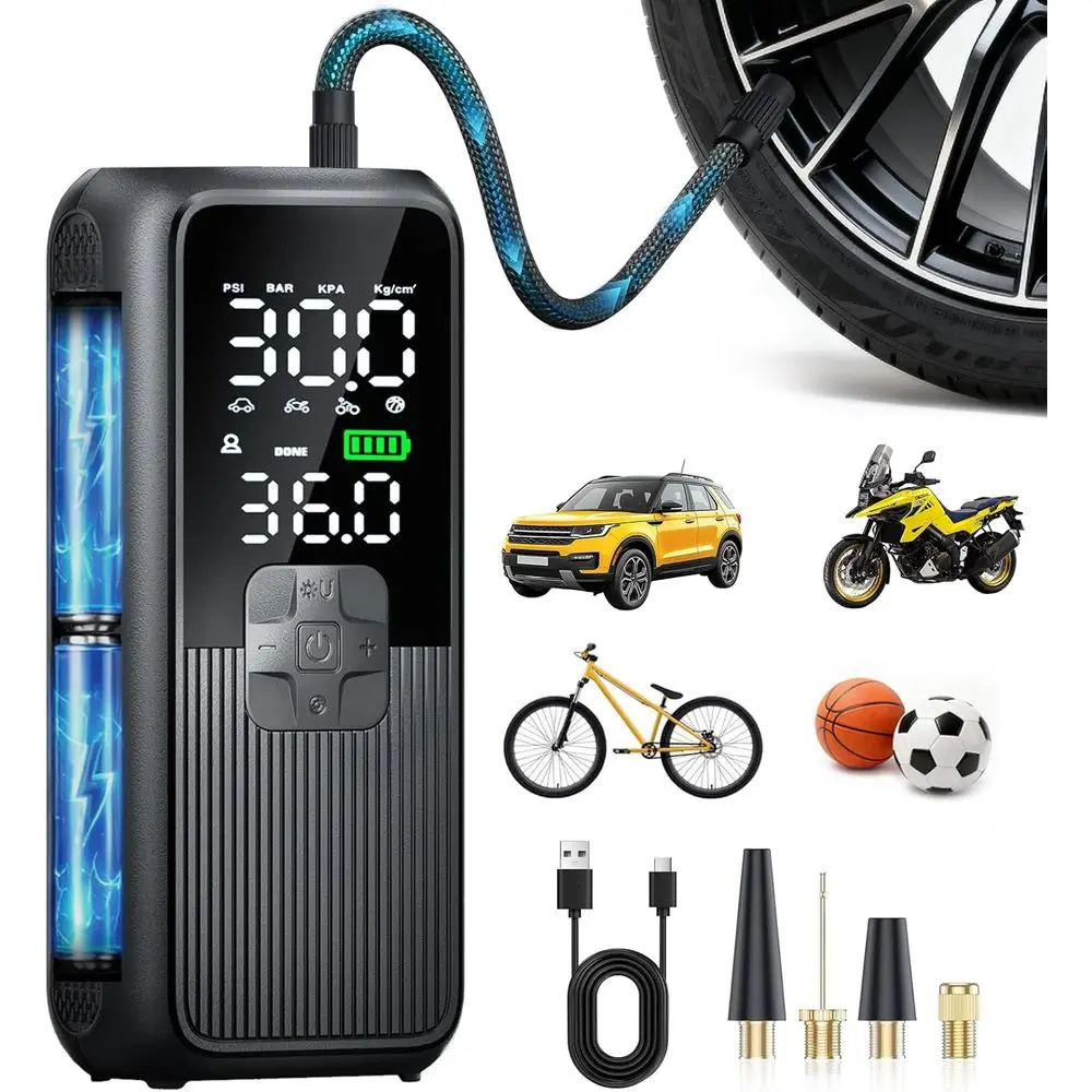 

Портативный воздушный компрессор для автомобиля, мотоцикла, велосипеда, мячей с манометром, 150PSI, LED-подсветкой и автоматическим отключением