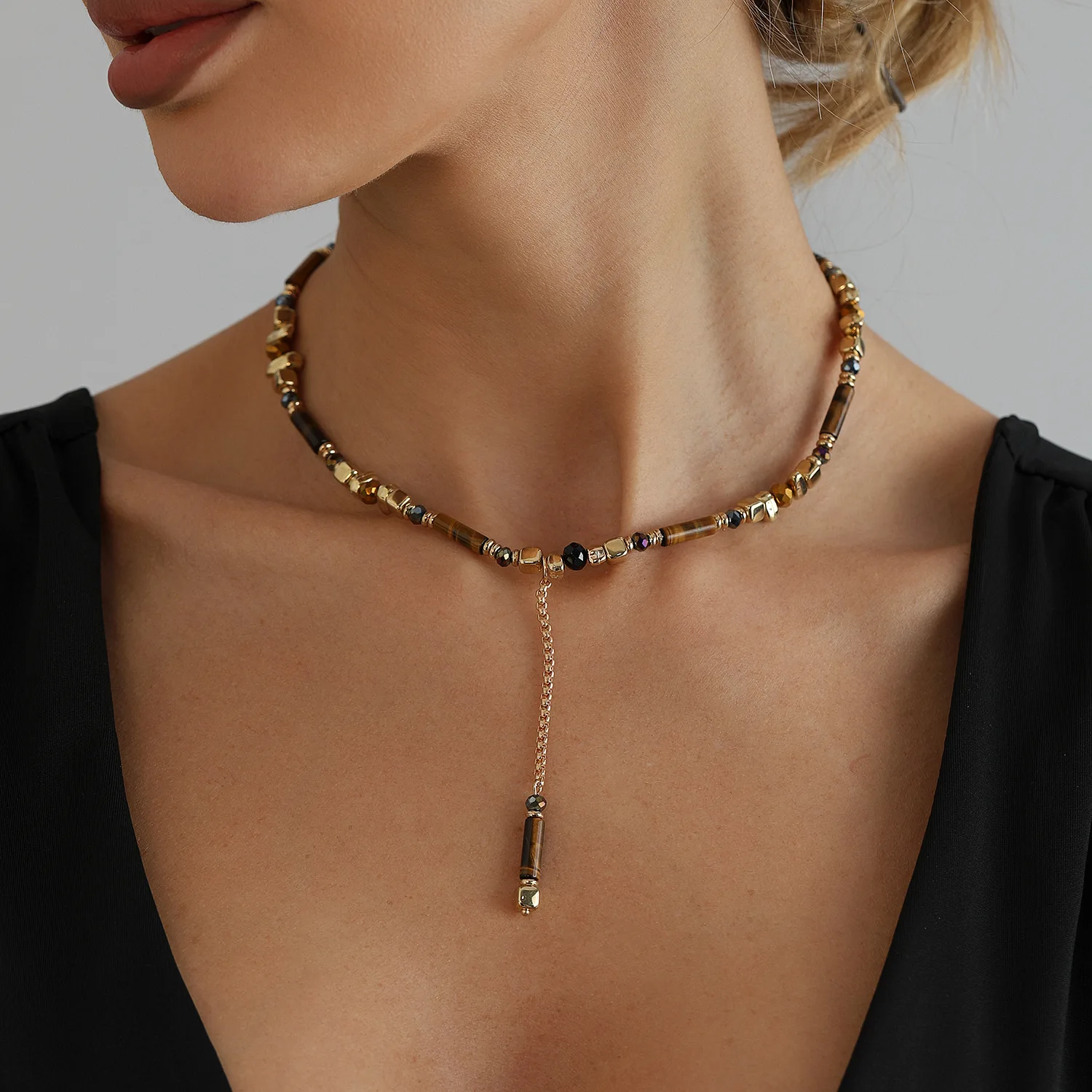 1Pc Tiger‑Eye Y‑Shape Necklace Gold Tone Adjustable Lariat Chain Retro Boho Neck Jewelry for Daily Party Gift