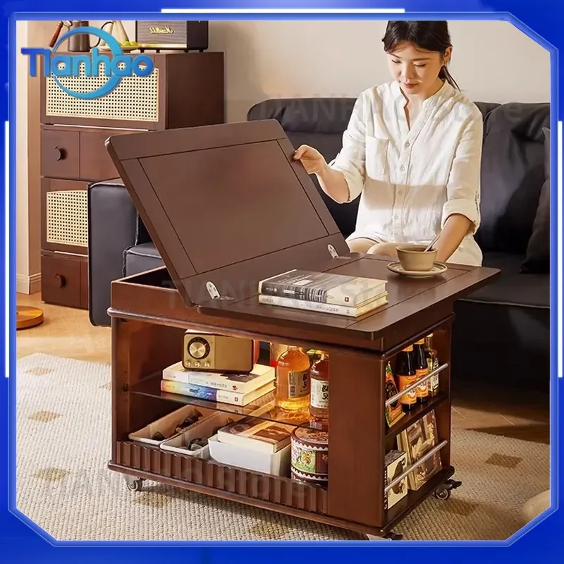 Solid Wood Folding Coffee Table for Small Apartment Side Cabinet Movable Trolley for Household Sofa Side Multi-Functional