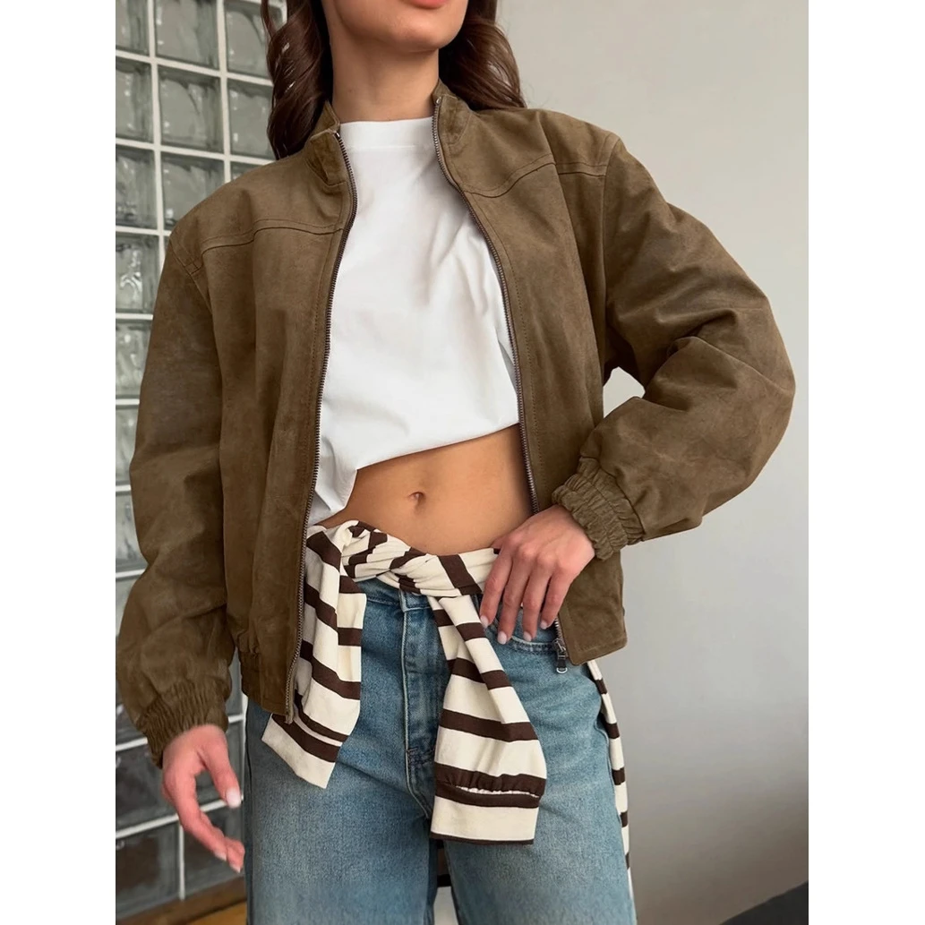 

Warm Lady's Autumn Winter Vintage Suede Long Sve Stand Collar Jaet Street Sle Commute Faion Zipper Closure No Brand