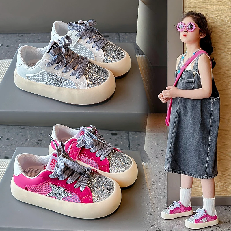 

Новые летние модные кроссовки для девочек, детские кроссовки на плоской подошве, повседневные дышащие сетчатые кроссовки с блестками и блестками для малышей