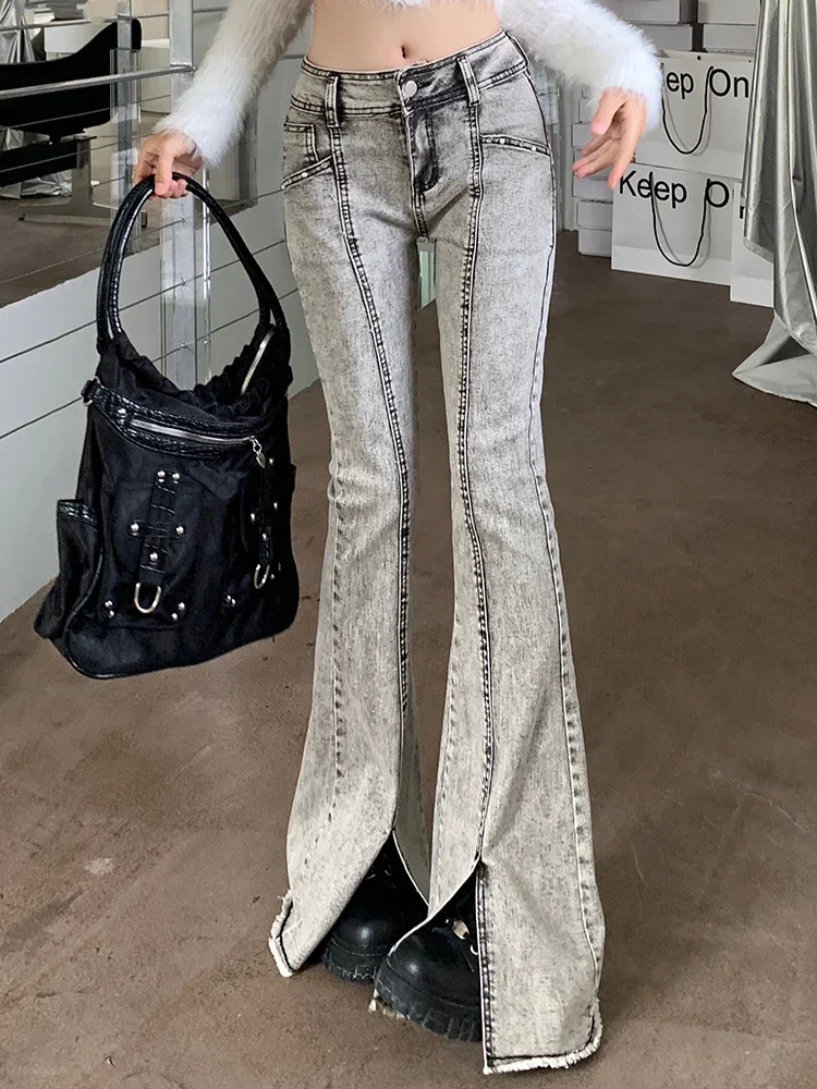 

2024 Ins Woman High Waist American Style Wide Leg Jeans Female Niche Y2K Light Grey Loose Flare Leggings Trousers Denim Pants