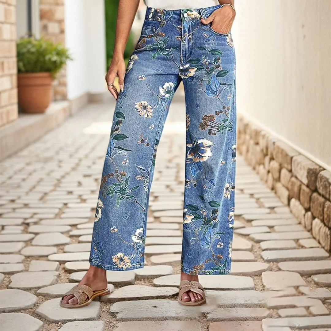 Four Seasons Fashion Women Straight Wide Leg Printed Loose Simple Basic Casual Trendy Jeans Pants Female Denim Trousers Clothes