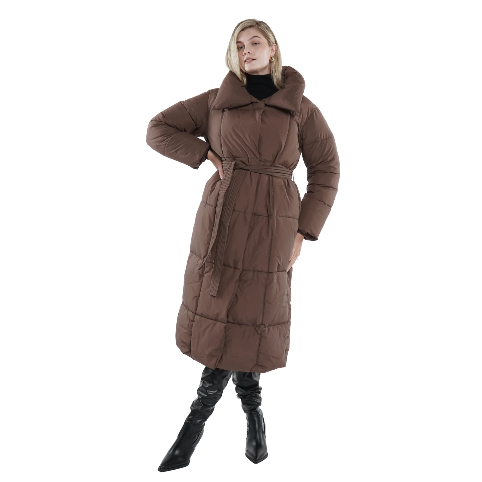 Women\'s Winter Puffer Jacket Long Length Belted Button Outerwear Coat Splashproof Water Repellent Windproof Stain-resistant