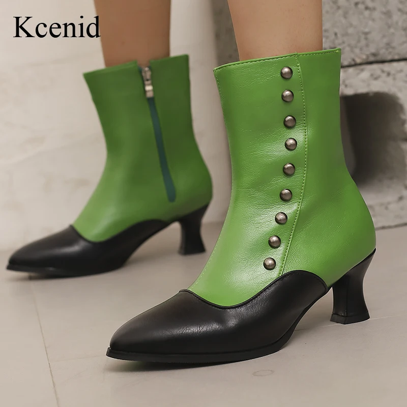 

Kcenid Women's Ankle Boots Patchwork Mixed Color Mid Heeled Fashionable Rivets Simple Trendy Winter Shoes Woman Large Size 47 48