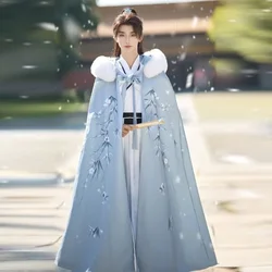 겨울 요정 얼음 눈 한푸 망토 남성용 두꺼운 벨벳 대나무 인쇄 긴 로브, 빈티지 로얄 나이트 코스프레 봉제 칼라 망토