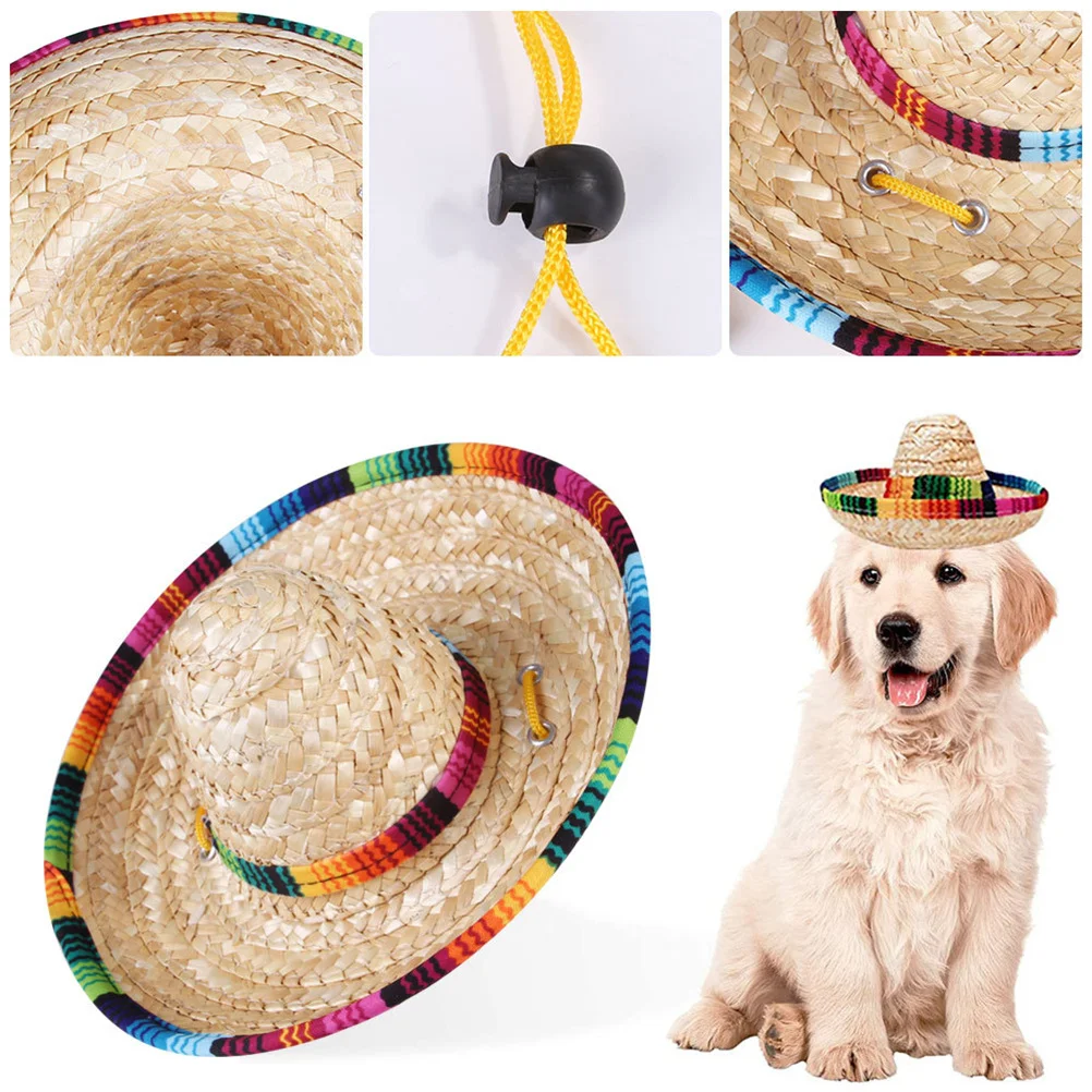 

Pet Straw Hat Breathable Sun Protection Adjustable String Mexico Style Outdoor Fishing Camping Walking Dog Hat Summer S Beige