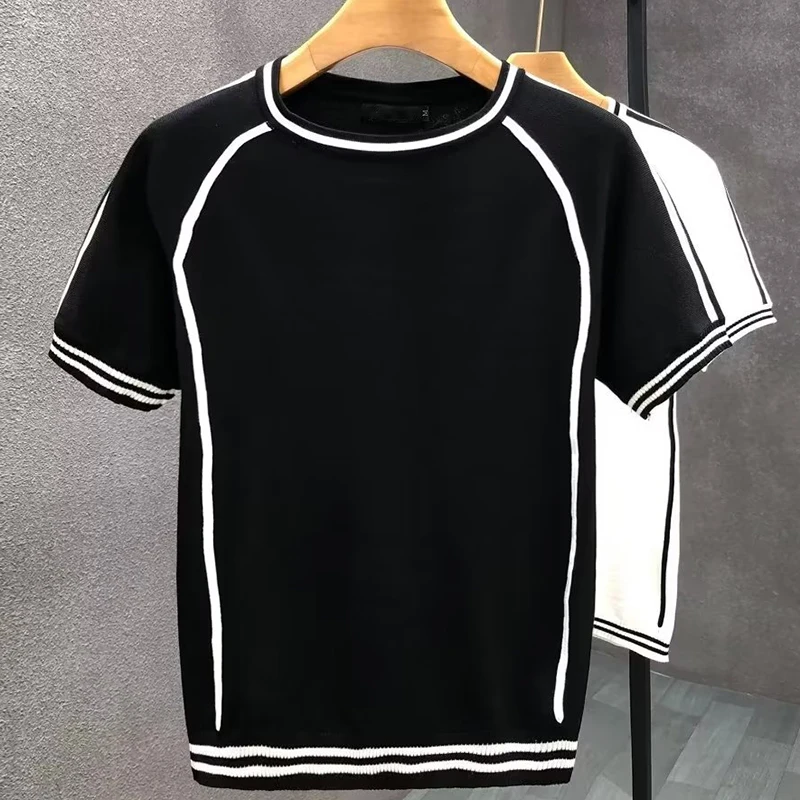 Irregular Lines Herren-Strick-T-Shirt, Sommer, Schwarz, Weiß, Kontrastfarbe, Rundhalsausschnitt, kurze Ärmel, atmungsaktives Strick-T-Shirt – Detail 2